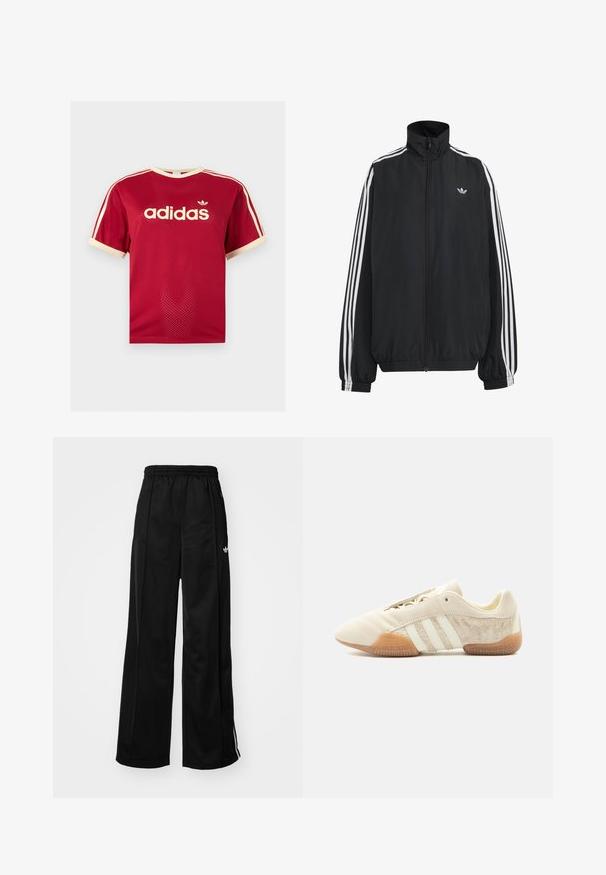 Μαύρο αθλητικό μπουφάν Adidas με λευκές τρεις ρίγες κατά μήκος των μανικιών, πλήρες φερμουάρ μπροστά, ελαστικά μανσέτες και μικρό λογότυπο trefoil στο στήθος.; Κόκκινο διαπνέον μπλουζάκι Adidas με μπεζ φινίρισμα σε γιακά, μανίκια και τρεις ρίγες στους ώμους, με το λογότυπο της Adidas και κείμενο στο μπροστινό μέρος.; Μαύρα φαρδιά αθλητικά παντελόνια με ελαστική μέση, διαθέτουν λευκές πλευρικές ρίγες και ένα μικρό λογότυπο στο αριστερό ισχίο. Λείο υλικό.; Αθλητικό παπούτσι χαμηλού προφίλ σε μπεζ απόχρωση με τρεις λευκές ρίγες, υφή σουέντ πλευρικών πάνελ, σόλα από καουτσούκ και κλείσιμο με κορδόνια πάνω σε μονόχρωμο φόντο.