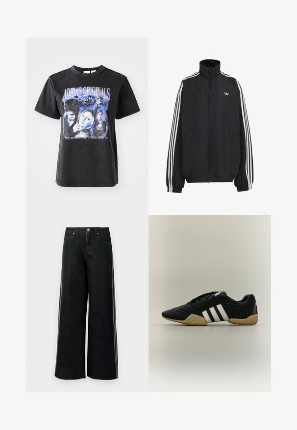 Čierna Adidas športová bunda s bielymi tromi pásikmi po celej dĺžke rukávov, so zipsom po celej prednej časti, elastickými manžetami a malým logom trefolo na hrudi.; Čierne bavlnené tričko s krátkymi rukávmi, s umývaným grafickým potlačou postáv zo "Buffy, preklínačka upírov" v modrých odtieňoch.; Čierne široké džínsové nohavice s bočnými pruhmi, prednými vreckami, pútkami na opasok a kovovým gombíkom na zapínanie v páse.; Čierna športová obuv s bielymi pruhmi a béžovou textúrovanou podrážkou na neutrálom pozadí, zobrazená zo strany.