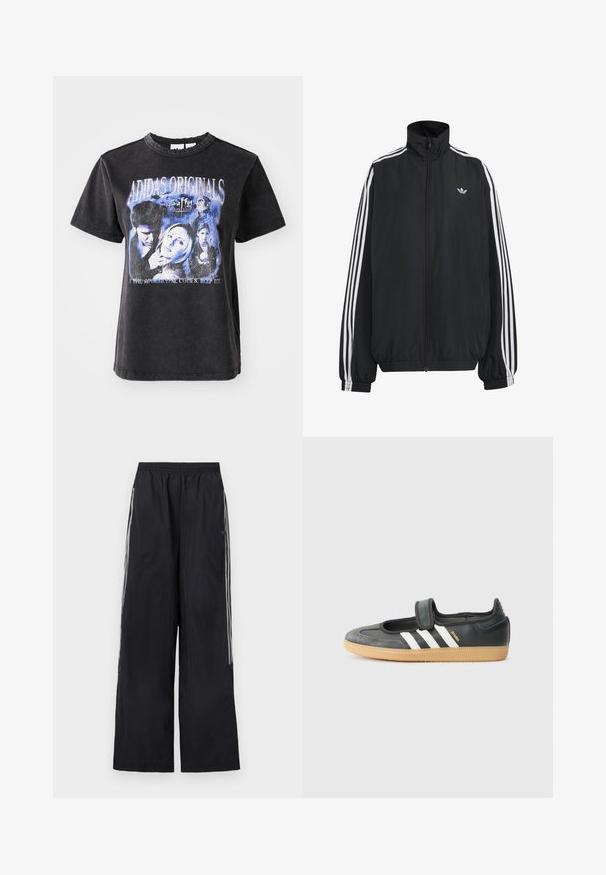 Čierna Adidas športová bunda s bielymi tromi pásikmi po celej dĺžke rukávov, so zipsom po celej prednej časti, elastickými manžetami a malým logom trefolo na hrudi.; Čierne bavlnené tričko s krátkymi rukávmi, s umývaným grafickým potlačou postáv zo "Buffy, preklínačka upírov" v modrých odtieňoch.; Čierne široké teplákové nohavice s elastickým pásom a tromi bielymi pruhmi na boku každej nohavice.; Čierne kožené a zamšové tenisky s Velcro pásikom, s tromi bielymi pruhmi a gumenou podrážkou, označené nápisom "SAMBA" na boku.