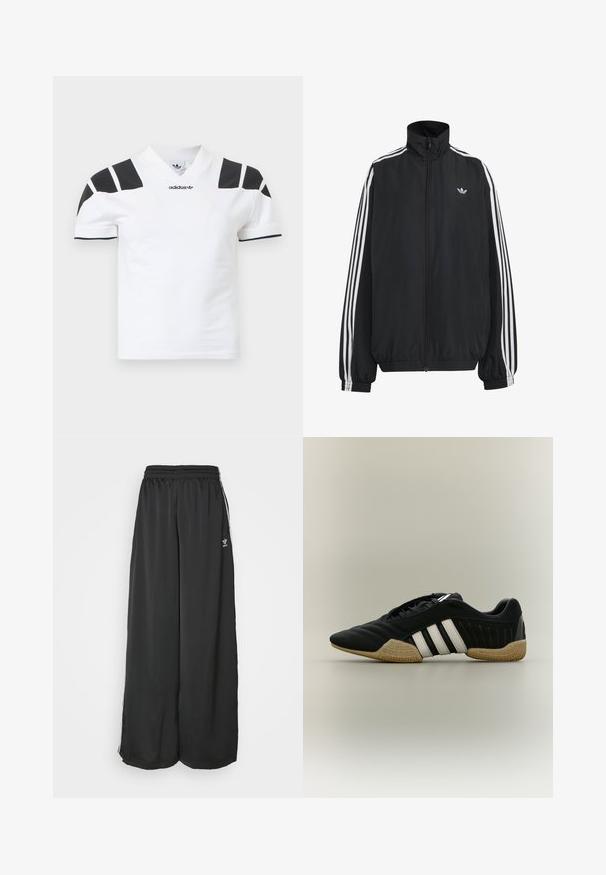 Μαύρο αθλητικό μπουφάν Adidas με λευκές τρεις ρίγες κατά μήκος των μανικιών, πλήρες φερμουάρ μπροστά, ελαστικά μανσέτες και μικρό λογότυπο trefoil στο στήθος.; Λευκό κοντομάνικο πουκάμισο με μαύρες λεπτομέρειες στους ώμους και γιακά. Διαθέτει σχέδιο με V-λαιμόκοψη και λογότυπο Adidas στο μπροστινό μέρος. Υλικό από βαμβάκι.; Μαύρο αθλητικό παντελόνι σε χαλαρή γραμμή από λεία ύφανση. Διαθέτει ελαστική μέση και κάθετες ρίγες με λογότυπα.; Μαύρο αθλητικό παπούτσι με λευκές ρίγες και μπεζ υφασμένο πάτο σε ουδέτερο φόντο, εμφανίζεται σε πλαϊνή όψη.