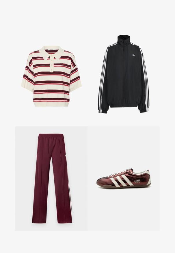Μαύρο αθλητικό μπουφάν Adidas με λευκές τρεις ρίγες κατά μήκος των μανικιών, πλήρες φερμουάρ μπροστά, ελαστικά μανσέτες και μικρό λογότυπο trefoil στο στήθος.; Πλεκτό πόλο μπλουζάκι με κοντά μανίκια και φαρδύ γιακά, σε κρεμ βάση με οριζόντιες μπορντό και κόκκινες ρίγες, με τέσσερα κουμπιά στο μπροστινό μέρος.; Μπορντό αθλητικές φόρμες με ελαστική μέση, πλαϊνές τσέπες με φερμουάρ, λευκές πλαϊνές ρίγες και μικρό λευκό λογότυπο Adidas στο δεξί μηρό.; Χαμηλού προφίλ μεταλλικό μπορντό αθλητικό παπούτσι Adidas με λευκές ρίγες, κορδόνια και το σήμα “Adidas Tokyo” στο πλάι.