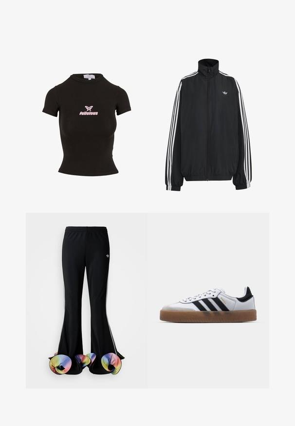 Veste de survêtement Adidas noire avec trois bandes blanches le long des manches, fermeture éclair frontale complète, poignets élastiques et petit logo trèfle sur la poitrine.; Top court noir à manches courtes fabriqué dans un matériau extensible. Présente un logo "felicious" rose et un graphique de papillon sur le devant.; Pantalons de sport noirs avec un design large et évasé. Présentent des ourlets inférieurs colorés et froncés ainsi que des rayures blanches sur les côtés. Fabriqués en tissu extensible.; Baskets en cuir blanc avec des rayures noires, semelle extérieure en caoutchouc beige, bout rond, fermeture lacée et embout en suède gris doux.