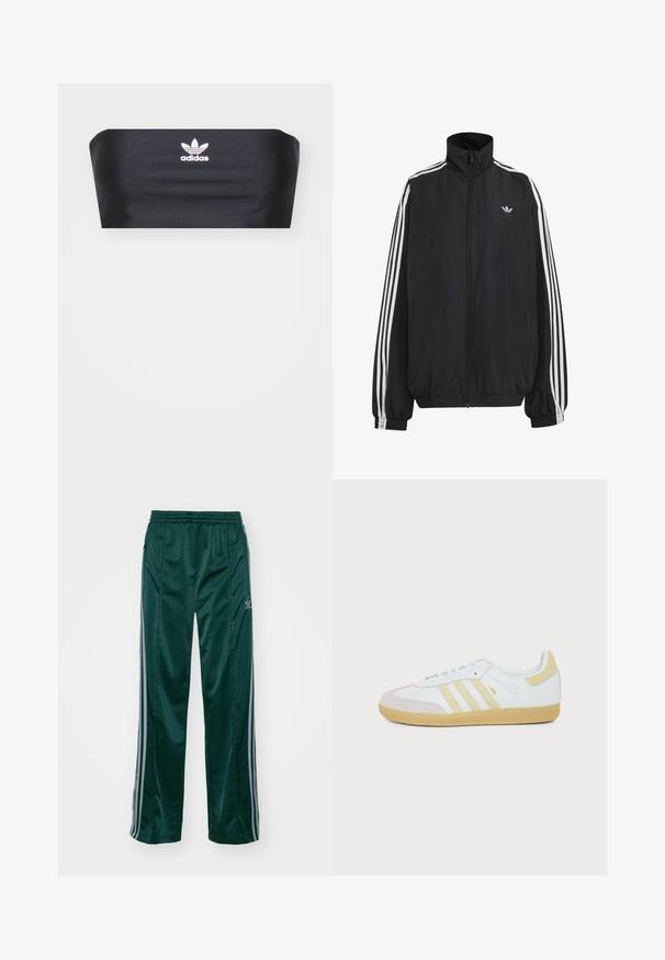 Čierna Adidas športová bunda s bielymi tromi pásikmi po celej dĺžke rukávov, so zipsom po celej prednej časti, elastickými manžetami a malým logom trefolo na hrudi.; Čierny bandeau top vyrobený z hladkej textílie, s bielym logom Adidas umiestneným v strede na prednej strane, bez ďalších vzorov alebo ozdôb.; Tmavozelené športové nohavice vyrobené z lesklého materiálu, s bočnými pruhmi v svetlošedej farbe a vyšitým logom na ľavom stehne.; Biely teniska Adidas Samba s béžovými semišovými detailmi, tromi textúrovanými pruhmi a gumovou podrážkou zobrazená zboku na bielom pozadí.