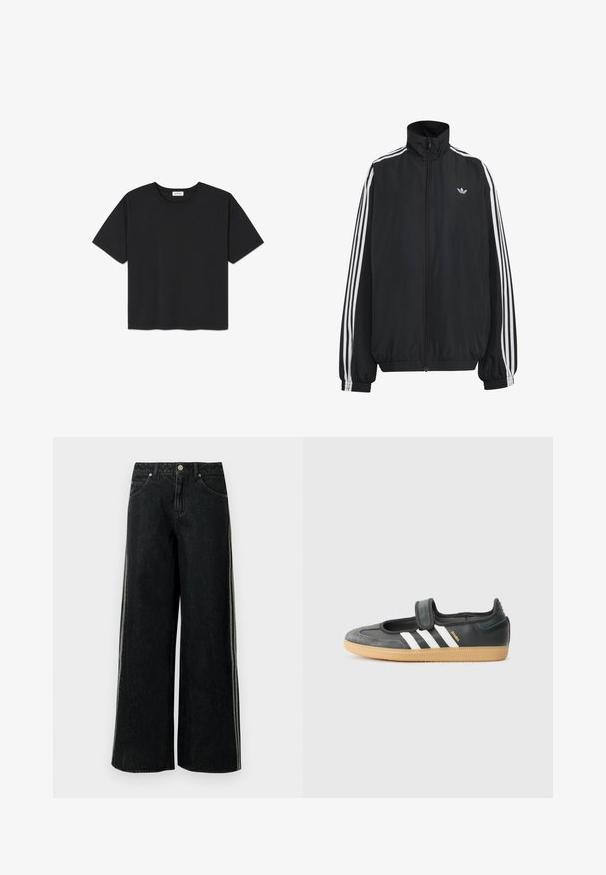 Čierna Adidas športová bunda s bielymi tromi pásikmi po celej dĺžke rukávov, so zipsom po celej prednej časti, elastickými manžetami a malým logom trefolo na hrudi.; Čierne tričko s krátkym rukávom vyrobené z bavlny, s okrúhlym výstrihom a rovnými okrajmi. Jednoduchý a nezdobený dizajn.; Čierne široké džínsové nohavice s bočnými pruhmi, prednými vreckami, pútkami na opasok a kovovým gombíkom na zapínanie v páse.; Čierne kožené a zamšové tenisky s Velcro pásikom, s tromi bielymi pruhmi a gumenou podrážkou, označené nápisom "SAMBA" na boku.
