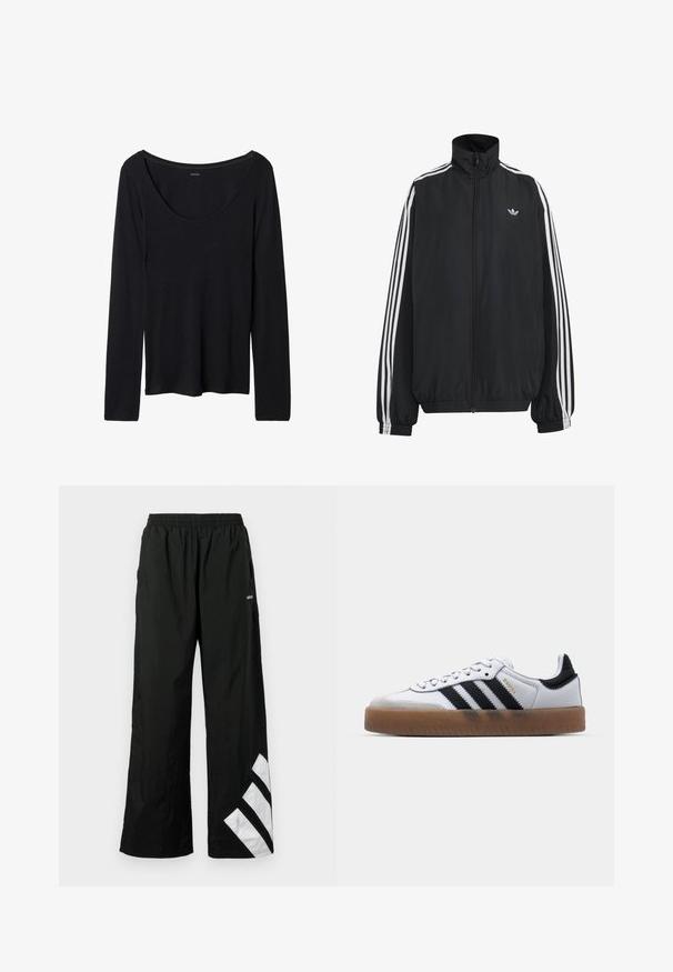 Chaqueta deportiva negra de Adidas con tres franjas blancas a lo largo de las mangas, cremallera frontal completa, puños elásticos y pequeño logo de trébol en el pecho.; Top negro de manga larga con escote amplio en forma de barco, hecho de una tela suave y elástica. Presenta una textura lisa y un diseño simple sin patrones.; Pantalones negros de pierna ancha hechos de material ligero, con una cintura elástica y un diseño de línea diagonal blanca en la pierna izquierda.; Zapatillas de cuero blancas con rayas negras, suela de goma, puntera redonda, cierre de cordones y caperuza de ante gris suave.