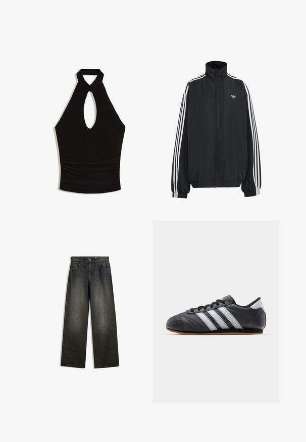 Sort Adidas træningsjakke med hvide tre striber langs ærmerne, fuld lynlås foran, elastiske manchetter og lille trefoil-logo på brystet.; Sort halter crop top med nøglehul foran og detaljer med rynket talje.; Bredde ben jeans i mørkegrå denim med en falmet finish, fem-lomme design og en knaplukning i taljen.; Sorte lædersportssko med hvide striber, rund tå, flad sål og snørelukning. Har perforeringer for åndbarhed.