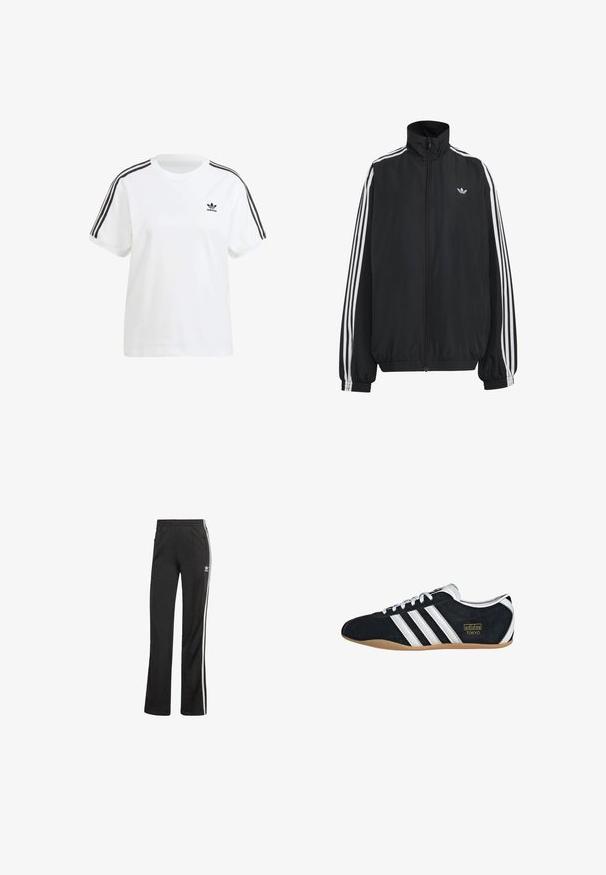 Schwarze Adidas Trainingsjacke mit weißen drei Streifen entlang der Ärmel, durchgehendem Frontreißverschluss, elastischen Bündchen und kleinem Trefoil-Logo auf der Brust.; Weißes Baumwoll-T-Shirt mit kurzen Ärmeln, Rundhalsausschnitt und schwarzen vertikalen Streifen an den Schultern, mit einem kleinen schwarzen Logo auf der Brust.; Schwarze Sporthosen mit lockerer Passform, ausgestattet mit weißen Seitenstreifen und einem elastischen Bund. Enthält ein kleines Logo-Detail an der Seite.; Schwarze Wildledersneaker mit drei weißen Streifen, goldenem Logo und brauner Gummisohle. Merkmale ein niedrigprofiliertes Schnürdesign.