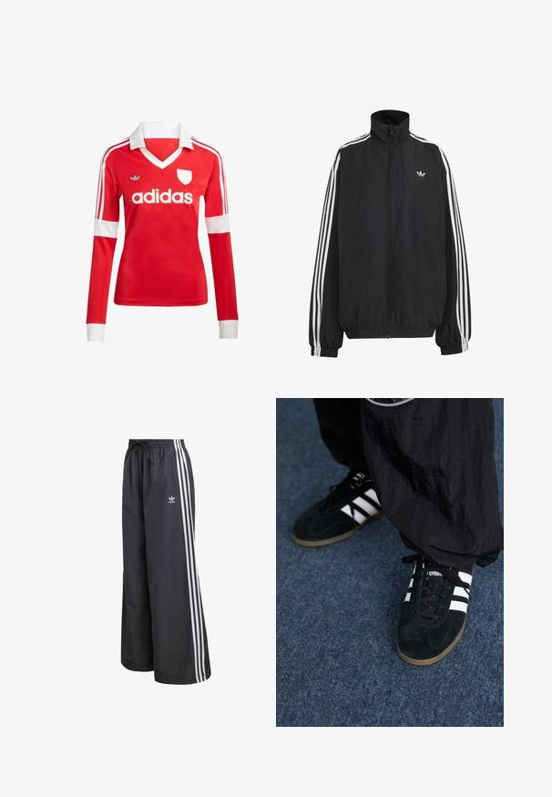 Chaqueta deportiva negra de Adidas con tres franjas blancas a lo largo de las mangas, cremallera frontal completa, puños elásticos y pequeño logo de trébol en el pecho.; Camiseta de fútbol de manga larga roja con un cuello y puños blancos. Presenta tres rayas blancas en los hombros y el logotipo de "adidas" en un lugar destacado.; Pantalones deportivos negros hechos de material ligero, con tres rayas verticales blancas y una cintura elástica con cordón.; Zapatillas deportivas de ante negro con tres rayas blancas y cordones negros. Un pantalón negro texturizado es parcialmente visible al lado de las zapatillas.