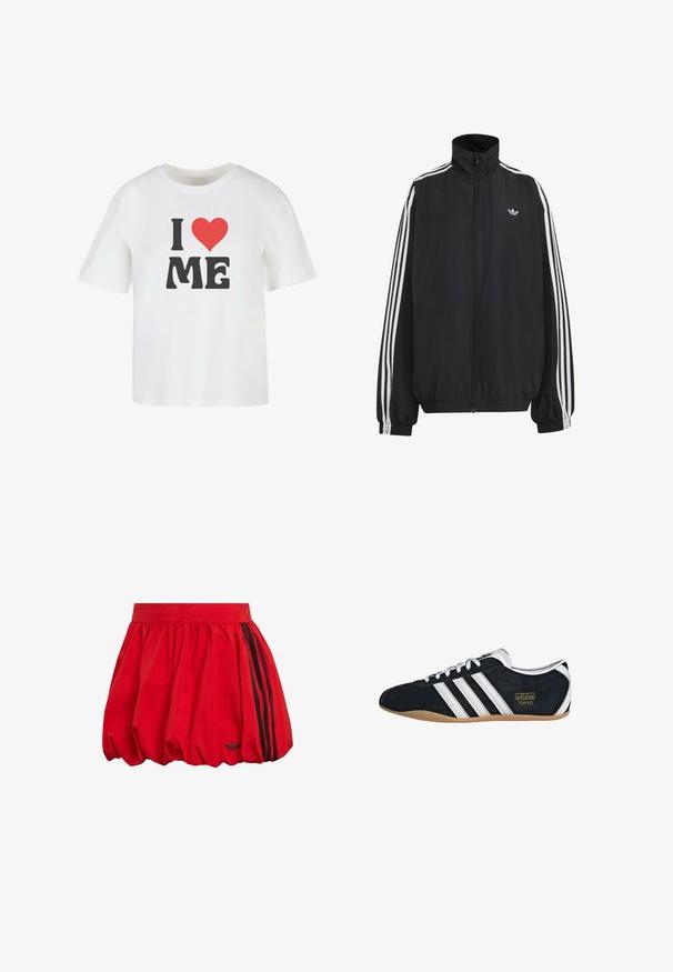 Čierna Adidas športová bunda s bielymi tromi pásikmi po celej dĺžke rukávov, so zipsom po celej prednej časti, elastickými manžetami a malým logom trefolo na hrudi.; Biely bavlnený tričko s krátkymi rukávmi, s výrazným čiernym textom "I," červeným srdcom a "ME" v neformálnom písmovom štýle.; Červená bavlnená sukňa s objemným strihom, nariaseným pásom a čiernymi bočnými pruhmi. Malý logotyp pri leme. Hladká štruktúra.; Čierne semišové tenisky s bielymi tromi pruhmi, zlatým logom a hnedou gumovou podrážkou. Disponujú nízkym šnurovacím dizajnom.