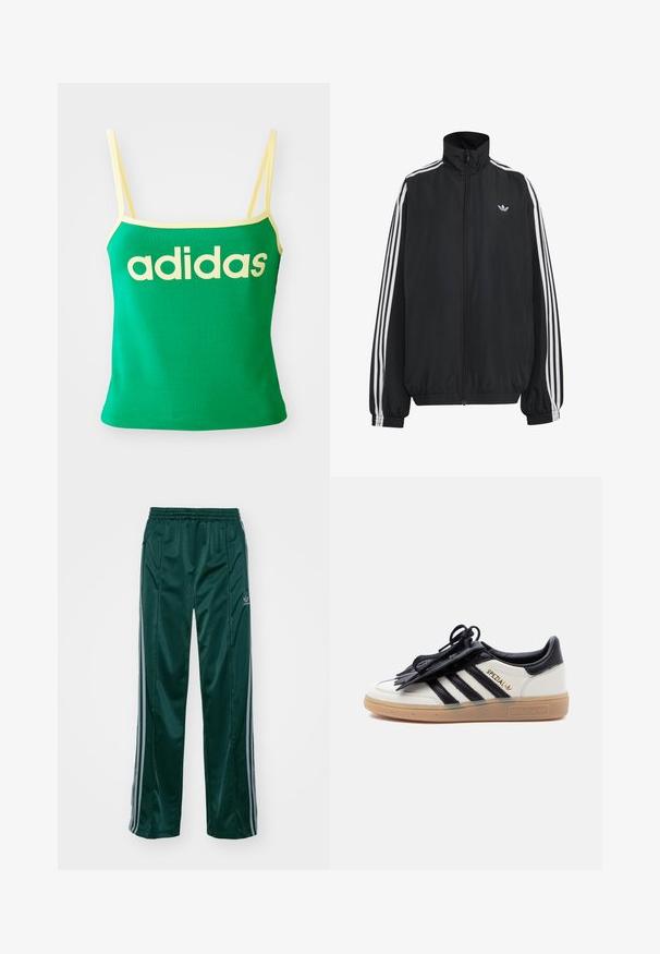 Musta Adidas-verryttelytakki, jossa valkoiset kolme raitaa hihoissa, täysipitkä etuvetoketju, joustavat hihansuut ja pieni kolmiokuvioinen logo rinnassa.; Vihreä tankkitoppi keltaisilla yksityiskohdilla, valmistettu joustavasta materiaalista. Edessä on suuri keltainen "adidas"-logo ja ohuet olkaimet.; Tummanvihreät urheiluhousut, jotka on valmistettu kiiltävästä materiaalista. Housuissa on vaaleanharmaat sivuviivat ja embroidered logo vasemmassa jalassa.; Valkoinen ja musta Adidas Spezial -tennari kumipohjalla, mustilla raidoilla ja mustalla nauhansuojuksella yksinkertaisella vaalealla taustalla.
