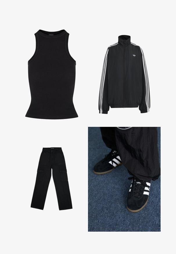Μαύρο αθλητικό μπουφάν Adidas με λευκές τρεις ρίγες κατά μήκος των μανικιών, πλήρες φερμουάρ μπροστά, ελαστικά μανσέτες και μικρό λογότυπο trefoil στο στήθος.; Μαύρο ριγέ tank top με υψηλή λαιμόκοψη και εφαρμοστή σιλουέτα. Λείο υλικό χωρίς ορατά διακοσμητικά στοιχεία ή σχέδια.; Μαύρο παντελόνι cargo από τζιν, με ψηλή μέση, κορδόνι, φαρδιές γάμπες και πολλές πλάγιες τσέπες για χρηστικότητα.; Μαύρα σουέτ αθλητικά παπούτσια με τρεις λευκές ρίγες και μαύρους κορδόνες. Ένα υφαντό μαύρο παντελόνι είναι μερικώς ορατό δίπλα από τα παπούτσια.