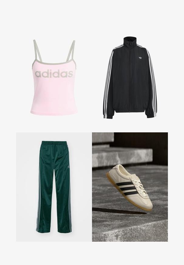 Čierna Adidas športová bunda s bielymi tromi pásikmi po celej dĺžke rukávov, so zipsom po celej prednej časti, elastickými manžetami a malým logom trefolo na hrudi.; Svetloružový tielko s šedým lemovaním a nastaviteľnými tenkými ramienkami, so veľkým, centrálnym šedým logom "adidas". Bavlnený materiál.; Tmavozelené športové nohavice vyrobené z lesklého materiálu, s bočnými pruhmi v svetlošedej farbe a vyšitým logom na ľavom stehne.; Biela teniska s čiernymi pruhmi a gumovou podrážkou vznášajúca sa nad betónovým schodiskom v mäkkom dennom svetle.