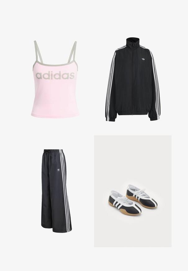 Must Adidas dressipluus valgete kolmekümnendate triipudega varrukatel, täispikk esilukk, elastsed varrukaservad ja väike trefoil logo rinnal.; Hele roosa tank top hallide ääred ja reguleeritavad spagett-rihmad, millel on suur keskel hall "adidas" logo. Puuvillane materjal.; Mustad kergekaalulised spordipüksid, millel on kolm valget vertikaalset triipu ning kummist vöökoht paelaga.; Mustvalged spordijalatsid, millel on sile disain, kummist tald, paeltest kinni tõmmatav sulgur ja kolm valget triipu külgedel.