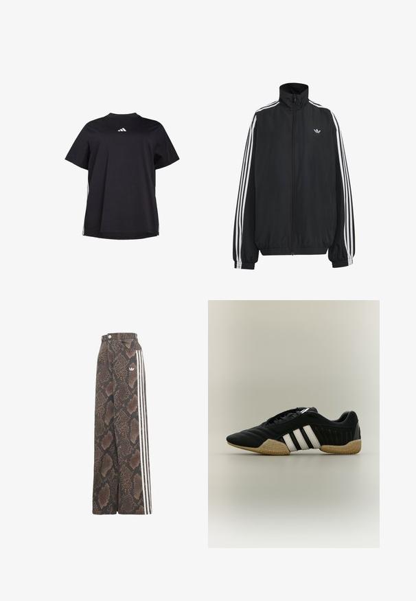 Veste de survêtement Adidas noire avec trois bandes blanches le long des manches, fermeture éclair frontale complète, poignets élastiques et petit logo trèfle sur la poitrine.; T-shirt noir à manches courtes en tissu doux, avec un accent horizontal blanc sur les côtés et un logo blanc sur la poitrine.; Pantalon à jambes larges avec motif peau de serpent marron et noir, détail latéral blanc à trois bandes et logo trefoil Adidas sur la hanche.; Chaussure de sport noire avec des bandes blanches et une semelle beige texturée sur un fond neutre, vue de profil.