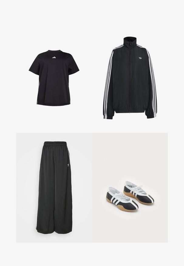 Čierna Adidas športová bunda s bielymi tromi pásikmi po celej dĺžke rukávov, so zipsom po celej prednej časti, elastickými manžetami a malým logom trefolo na hrudi.; Čierne tričko s krátkym rukávom vyrobené z jemnej látky, s bielym horizontálnym akcentom na bokoch a bielym logom na prsiach.; Čierne široké tréningové nohavice vyrobené z hladkej látky. Obsahujú elastický pás a bočné pruhy s logom.; Čierne a biele športové topánky s elegantným dizajnom, gumovou podrážkou, šnurovaním a tromi bielymi prúžkami na bokoch.