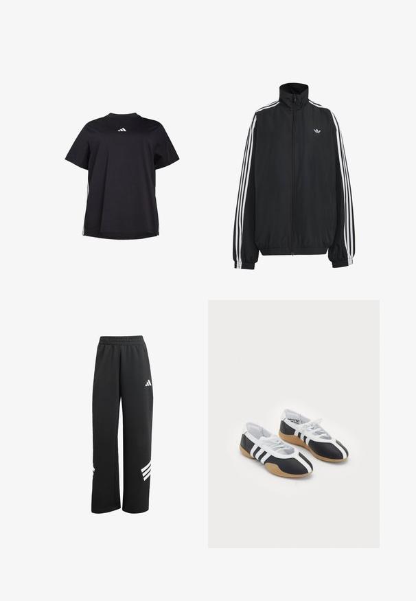 Zwarte Adidas trainingsjas met witte drie strepen langs de mouwen, een rits over de hele voorkant, elastische manchetten en een klein trefoil-logo op de borst.; Zwart korterm T-shirt van zacht materiaal, met een witte horizontale accent aan de zijkanten en een wit logo op de borst.; Zwarte sweatpants van zachte stof, met een elastische tailleband, wijde pijpen en drie witte strepen aan de onderkant.; Zwart-witte sport schoenen met een slank ontwerp, rubberen zool, vetersluiting en drie witte strepen aan de zijkanten.
