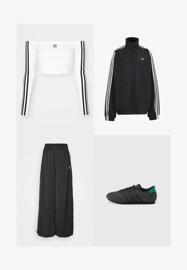 Sort Adidas træningsjakke med hvide tre striber langs ærmerne, fuld lynlås foran, elastiske manchetter og lille trefoil-logo på brystet.; Hvid langærmet off-shoulder crop top i strækbart stof. Har sorte tre-stribede detaljer på ærmerne og et lille sort logo på brystet.; Sorte løstsiddende træningsbukser lavet af glat stof. Har en elastisk talje og sidelogsstriber med logoaccents.; Sort lavprofil sneaker med subtilt blomsterprint, sorte snørebånd, grøn hælflap og guldlogo på tunge og hæl.