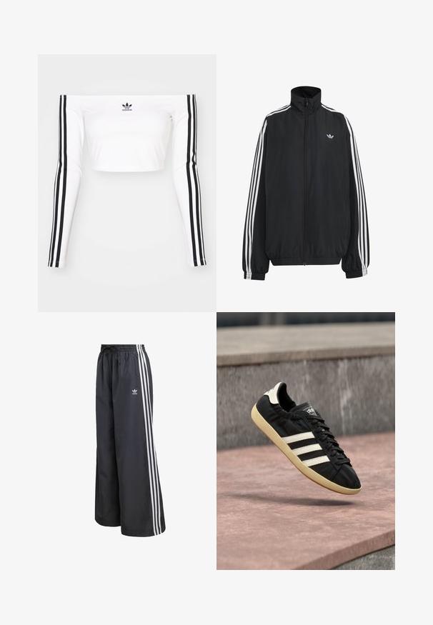 Must Adidas dressipluus valgete kolmekümnendate triipudega varrukatel, täispikk esilukk, elastsed varrukaservad ja väike trefoil logo rinnal.; Valge pikakäidine avatud õlavarrega lühike tipp venivast kangast. Käistel on mustad kolmtriibu aktsendid ning rinnal on väike must logo.; Mustad kergekaalulised spordipüksid, millel on kolm valget vertikaalset triipu ning kummist vöökoht paelaga.; Must Adidas tennisejalats valgete triipude ja beežika tallaga, õhus kivipinnast ja kivimüürist taustal pildistatud.