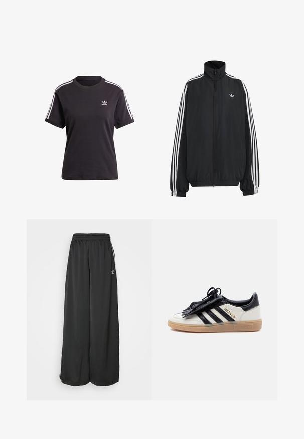 Schwarze Adidas Trainingsjacke mit weißen drei Streifen entlang der Ärmel, durchgehendem Frontreißverschluss, elastischen Bündchen und kleinem Trefoil-Logo auf der Brust.; Schwarzes Baumwoll-T-Shirt mit kurzen Ärmeln und Rundhalsausschnitt, mit weißen Streifen auf den Schultern und einem kleinen weißen Adidas-Logo auf der Brust.; Schwarze, locker sitzende Jogginghosen aus glattem Material. Mit elastischem Bund und seitlichen Streifen mit Logo-Akzenten.; Weißer und schwarzer Adidas Spezial Sneaker mit Gummisohle, schwarzen Streifen und schwarzer Schnürsenkelabdeckung auf einfarbig hellem Hintergrund.