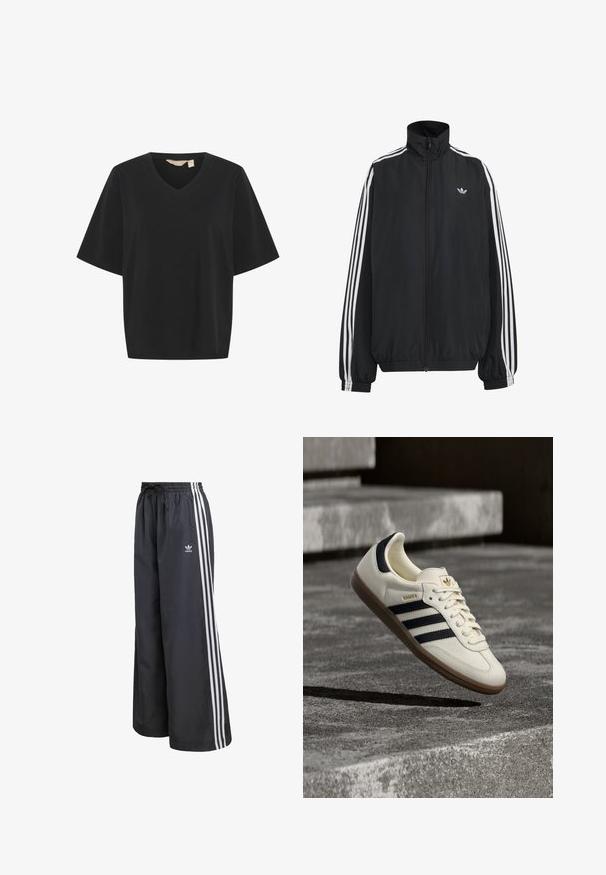 Čierna Adidas športová bunda s bielymi tromi pásikmi po celej dĺžke rukávov, so zipsom po celej prednej časti, elastickými manžetami a malým logom trefolo na hrudi.; Čierne tričko s krátkym rukávom a dizajnom v tvare V. Vyrobené z jemného materiálu, s voľným strihom a bezšvovým šitím.; Čierne športové nohavice z ľahkého materiálu, s tromi bielymi vertikálnymi pruhmi a elastickým pásom so sťahovacou šnúrkou.; Biela teniska Adidas Samba s čiernymi pruhmi a gumovou podrážkou, vznášajúca sa nad textúrovanými sivými betónovými schodmi.