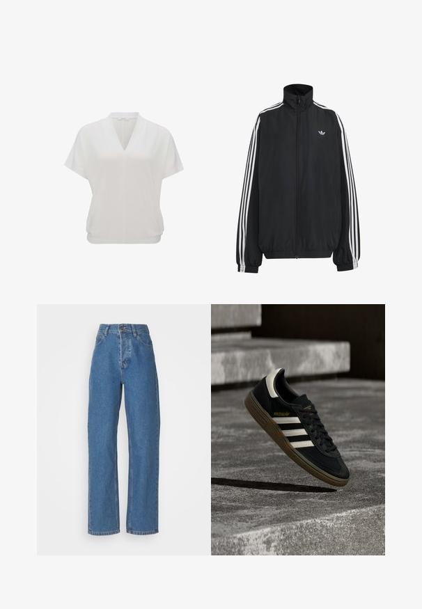 Schwarze Adidas Trainingsjacke mit weißen drei Streifen entlang der Ärmel, durchgehendem Frontreißverschluss, elastischen Bündchen und kleinem Trefoil-Logo auf der Brust.; Weißes Kurzarmoberteil mit V-Ausschnitt und lockerer Passform mit einem gerafften Saum. Glatter, leichter Stoff mit einer dezenten Textur.; Hoch taillierte, gerade geschnittene blaue Jeans mit einem verblassten Finish. Besitzt fünf Taschen, einen Knopfverschluss und dezente Nähte.; Schwarzer Adidas-Sneaker mit weißen Streifen und Gummisohle schwebt über grauen Betonstufen im natürlichen Licht.