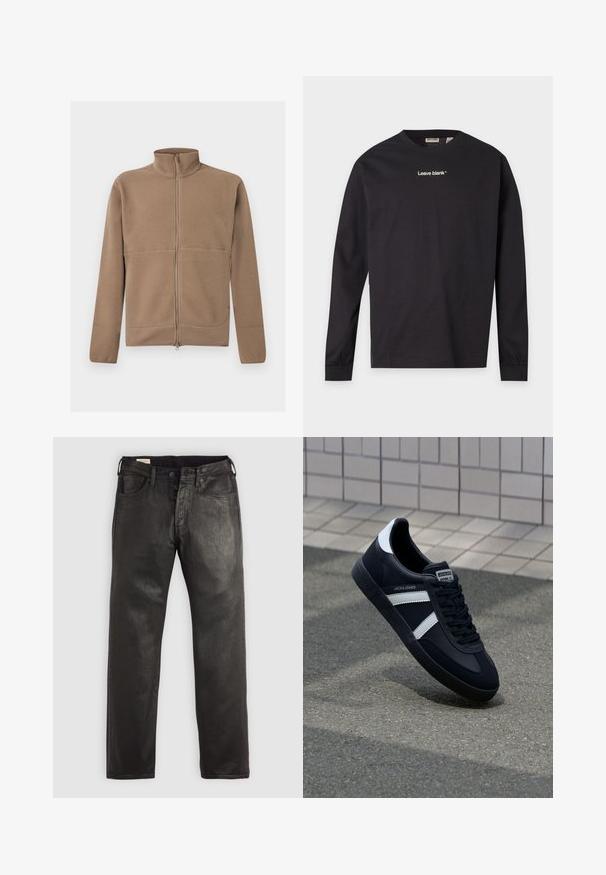 Beige fleecejack met volledige ritssluiting, opstaande kraag, lange mouwen en een gestructureerde stof, afgebeeld op een witte achtergrond.; Zwart shirt met lange mouwen en ronde hals met witte tekst "Leave blank" in het midden van de borst, getoond op een effen lichtgrijze achtergrond.; Zwarte spijkerbroeken van denim met een rechte snit, voorzien van een knoop- en ritssluiting, vijf zakken en een zachte textuur.; Zwarte leren sneaker met witte strepen, een gestructureerde rubberen zool en vetersluiting aan de voorkant. Voorzien van een merklabel op de tong.