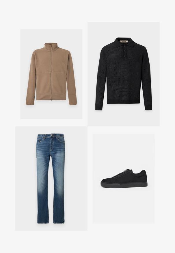 Veste polaire beige à fermeture éclair intégrale avec col montant, manches longues et tissu texturé, présentée sur un fond blanc.; Polo noir à manches longues avec motif texturé, poignets et ourlet côtelés, et patte de boutonnage à trois boutons sur fond gris clair.; Jean en denim bleu avec une coupe droite. Présente un léger délavage, un design à cinq poches et une fermeture à bouton à la taille.; Baskets basses noires avec fermeture à lacets à l'avant et semelle en caoutchouc plate, vues de profil sur fond blanc.