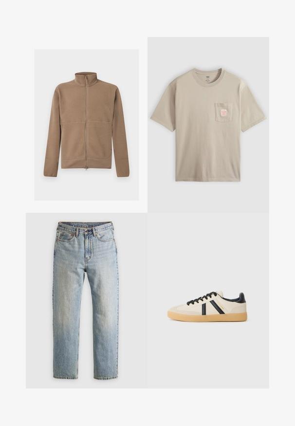 Veste polaire beige à fermeture éclair intégrale avec col montant, manches longues et tissu texturé, présentée sur un fond blanc.; T-shirt beige en coton à manches courtes avec poche poitrine ornée d'une petite étiquette rouge et blanche, présenté sur un fond uni.; Jean en denim bleu clair à taille haute, avec bouton avant, fermeture éclair et design à cinq poches, posé à plat sur un fond neutre.; Baskets décontractées en crème avec des rayures noires, présentant un dessus texturé et une semelle en caoutchouc. Les lacets sont noirs. Logo discret sur le côté.