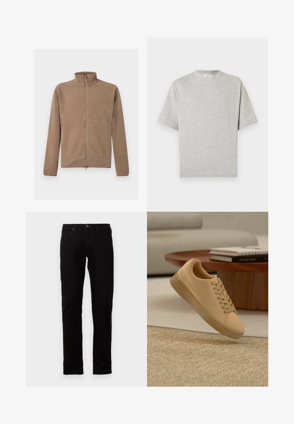 Beige fleecejakke med fuld lynlås, stående krave, lange ærmer og struktureret stof, vist på en hvid baggrund.; Grå T-shirt med korte ærmer og rund hals, lavet af blødt bomuldsstof, med et enkelt design og ensfarvet. Ingen synlige logoer eller mønstre.; Sorte denim jeans med lige skæring, der har knaplukning, fem lommer og subtile syninger. Glat tekstur.; Beige snørestøvler, der svæver over et tekstureret tæppe med et træ sofabord og stablede bøger i en sløret baggrund.
