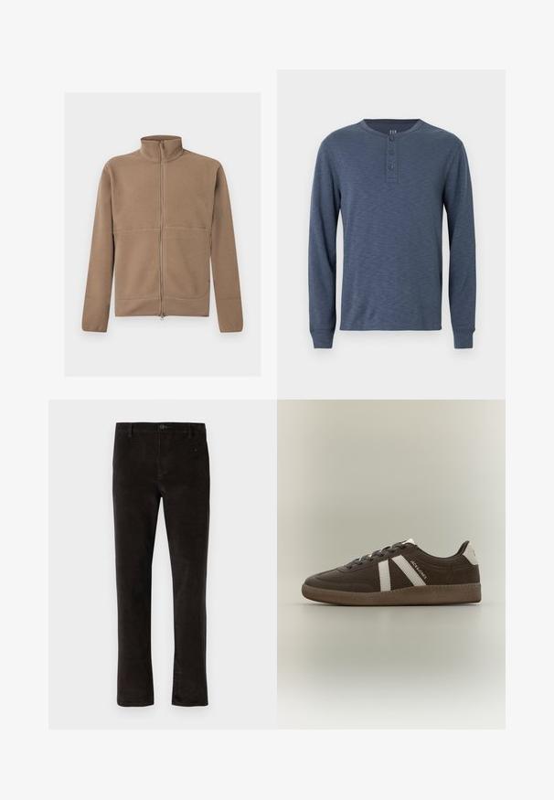 Veste polaire beige à fermeture éclair intégrale avec col montant, manches longues et tissu texturé, présentée sur un fond blanc.; Chemise henley à manches longues en bleu foncé avec une finition texturée, dotée d'un col rond et d'une patte de boutonnage à trois boutons sur la poitrine.; Pantalons en velours côtelé noir avec une coupe droite, dotés d'une fermeture à un seul bouton et d'une texture subtile. Style minimaliste sans motifs visibles.; Basket en daim marron avec des bandes blanches, un renfort de talon blanc, une semelle gomme et le texte "JACK & JONES" sur le côté, présentée de profil sur un fond uni.