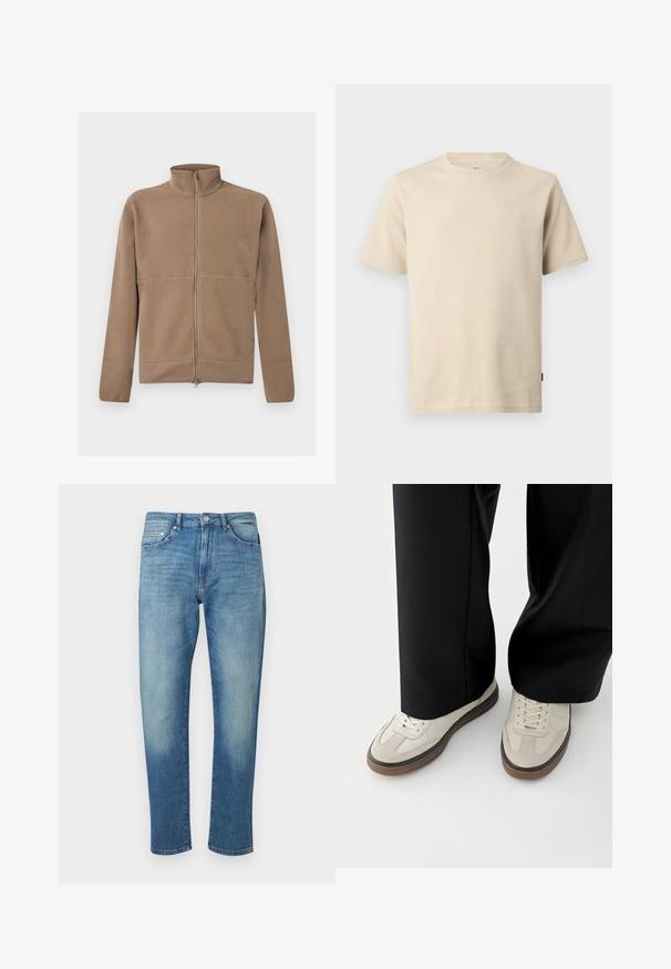 Beige fleecejakke med fuld lynlås, stående krave, lange ærmer og struktureret stof, vist på en hvid baggrund.; Beige kortærmet bomulds-T-shirt med rund halsudskæring, minimal syning og en lille tonet logo på venstre bryst.; Blå denimjeans med en slank, lige pasform, fem-lomme-stil, knaplukning og falmede detaljer på lår og knæ.; Fødder iført beige sneakers med brune såler og sorte bukser med vide ben på hvid baggrund.