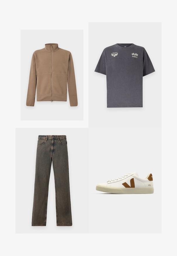 Beige fleecejack met volledige ritssluiting, opstaande kraag, lange mouwen en een gestructureerde stof, afgebeeld op een witte achtergrond.; Donkergrijs T-shirt met korte mouwen en ronde hals, met logo's van een gevleugeld band en gekruiste geruite vlaggen, met de tekst "COMIN' IN HOT" en "LEVI STRAUSS & CO.".; Bruine gewaste jeans met rechte pijpen, voorzakken, knoopsluiting en riemlussen, weergegeven tegen een witte achtergrond.; Witte leren sneaker met een bruine suède V-logo, ronde neus, platte vetersluiting en gestructureerde buitenzool voor grip.