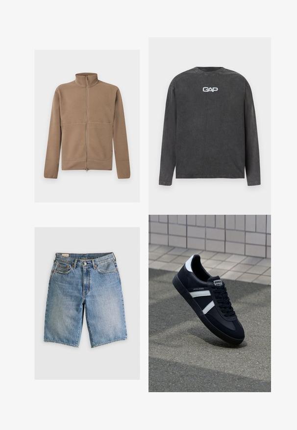Beige fleecejakke med fuld lynlås, stående krave, lange ærmer og struktureret stof, vist på en hvid baggrund.; Mørkegrå langærmet skjorte med rund halsudskæring og hvidt "GAP"-logo centreret på brystet, vist på en ensartet lys baggrund.; Lyseblå denimshorts med klassisk snit. Har fem lommer, orange stikninger og rå skærmkanter.; Sort lædersneaker med hvide striber, tekstureret gummisål og snørrebånd foran. Har et brandet mærke på tungen.