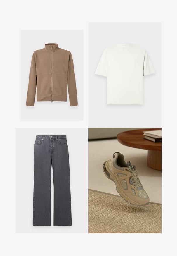 Beige fleecejakke med fuld lynlås, stående krave, lange ærmer og struktureret stof, vist på en hvid baggrund.; Simpel hvid T-shirt med korte ærmer og rund halsudskæring i en afslappet pasform vist på en lys grå baggrund.; Mørkegrå denimjeans med lige ben og højtaljet talje, med frontknap, lynlås og fem-lomme design mod hvid baggrund.; Beige og grå atletiske sneakers med mesh- og ruskindsdetaljer, svævende over et vævet tæppe ved siden af et trækaffebord med bøger.
