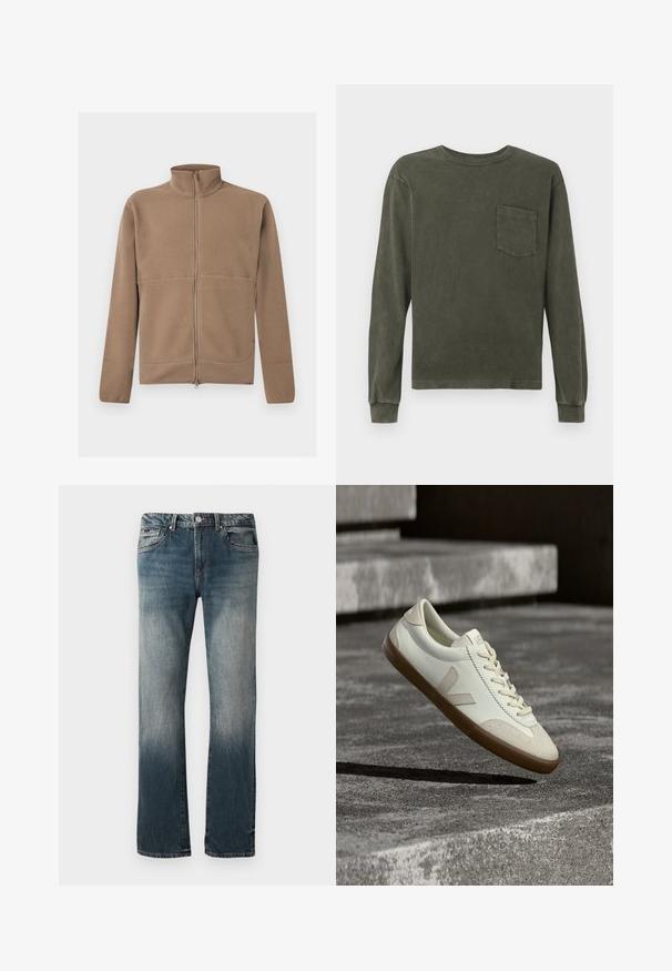 Beige fleecejakke med fuld lynlås, stående krave, lange ærmer og struktureret stof, vist på en hvid baggrund.; Langærmet skjorte i mørk olivengrøn, lavet af blødt materiale, med rund hals og en brystlomme. Glat tekstur, afslappet pasform.; Herre lige pasform blå denim jeans med falmet vask og fem-lomme design mod en hvid baggrund.; Hvide læder sneakers med tanfarvet gummisål, flade snørebånd og V-formet detalje på siden. Har en glat overflade og minimale syninger.