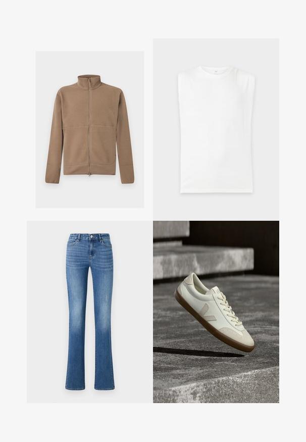 Veste polaire beige à fermeture éclair intégrale avec col montant, manches longues et tissu texturé, présentée sur un fond blanc.; T-shirt blanc uni sans manches avec épaules rembourrées et col rond, présenté sur un fond gris clair.; ONLY ONLWAUW MID WAIST - Jean slim - medium blue denim; Baskets en cuir blanc avec semelle en caoutchouc beige, lacets plats et accent en forme de V sur le côté. Présentent une surface lisse et peu de détails de couture.