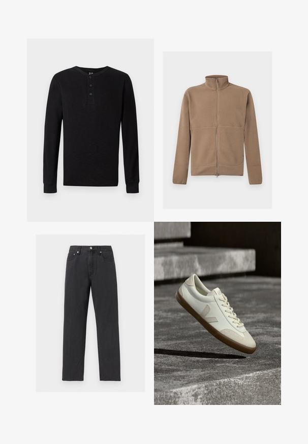 Beige fleecejack met volledige ritssluiting, opstaande kraag, lange mouwen en een gestructureerde stof, afgebeeld op een witte achtergrond.; Zwarte langelijf henley-shirt met een drieknoopsluiting bij de hals, zachte textuur en geribbelde manchetten, met een klassieke pasvorm en minimalistisch ontwerp.; Zwarte recht gesneden spijkerbroek met vijf zakken, knoopsluiting en riemlussen, weergegeven op een lichtgrijze achtergrond.; Witte leren sneakers met een bruine rubberen zool, platte veters en een V-vormig accent aan de zijkant. Ze hebben een glad oppervlak en minimale stikdetails.