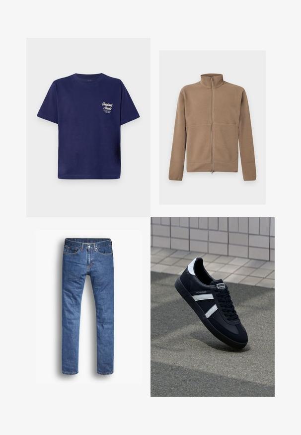 Chaqueta polar beige con cremallera completa, cuello alto, mangas largas y tejido texturizado, mostrada sobre un fondo blanco.; Camiseta de algodón azul marino de manga corta, cuello redondo y pequeño gráfico de texto blanco en la parte frontal izquierda. Diseño simple de color sólido.; Vaqueros de mezclilla en un lavado azul medio con un corte recto, que cuentan con cinco bolsillos, un cierre de botón y cremallera, y sutilezas en los acentos de costura.; Zapatilla de cuero negra con rayas blancas, suela de goma texturizada y parte frontal con cordones. Cuenta con una etiqueta de marca en la lengüeta.