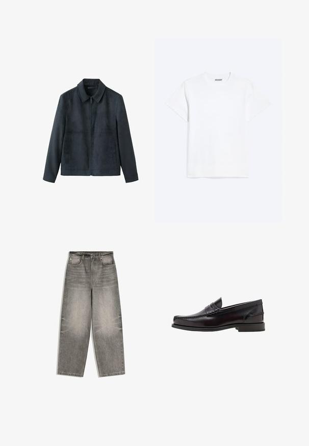 Veste zippée gris foncé avec col pointu, manches longues et deux poches latérales verticales, présentée sur un fond blanc.; T-shirt blanc uni à manches courtes et col rond, avec une étiquette "WEEKDAY" à l'intérieur du col arrière, présenté sur un fond clair.; Jean denim gris à jambes larges avec bouton frontal, fermeture éclair, passants pour ceinture et design cinq poches, étalé à plat sur un fond blanc.; Les mocassins en cuir noir présentent une finition lisse, des détails cousus sur la tige et une semelle en caoutchouc profilée basse.