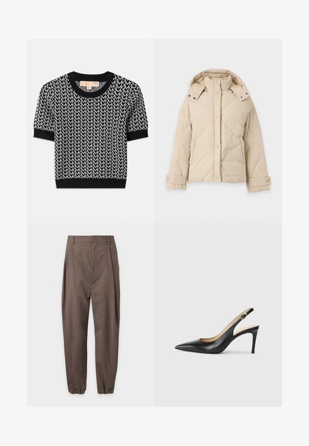 Beige polstret vinterjakke med høj krave, aftagelig hætte, frontknapper med trykknapper, lange ærmer og sidelommer.; Sort kortærmet sweater med et vævet pilmønster i hvidt. Ribbet hals og manchetter, med en tætsiddende form og blød tekstur.; Brune skræddersyede bukser med plisseringer, bæltestropper og elastiske manchetter, vist mod en hvid baggrund.; Sorte læder slingback højhælede sko med spids tå, justerbar rem og en slank stiletto hæl, der har en glat finish.