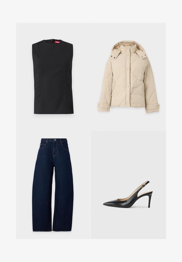 Veste d'hiver matelassée beige avec col montant, capuche amovible, boutons-pression à l'avant, manches longues et poches latérales.; Top noir sans manches avec un col haut, des pinces sur le devant et une fermeture éclair invisible au dos. Fabriqué en tissu lisse avec une coupe structurée.; Jean bleu foncé à jambes larges avec poches avant, passants de ceinture et fermeture bouton et zip sur fond uni.; Escarpins en cuir noir avec une pointe fine, une bride ajustable et un talon aiguille élégant, présentant une finition lisse.