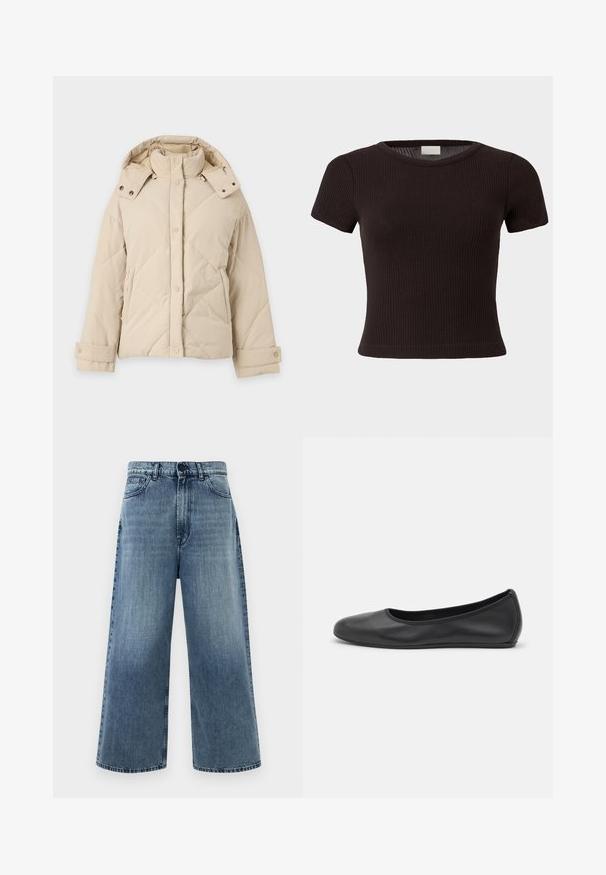 Beige wattierte Winterjacke mit hohem Kragen, abnehmbarer Kapuze, vorderen Druckknöpfen, langen Ärmeln und Seitentaschen.; Schwarzes, kurzärmeliges, geripptes Strick-Crop-Top mit rundem Ausschnitt auf schlichtem hellem Hintergrund.; Helle blaue weit geschnittene Jeans aus Denim, mit hoher Taille, frontalen Taschen und klassischer Steppung. Keine sichtbaren Verzierungen.; Schwarze Leder-Ballettschuhe mit abgerundeter Spitze, glatter Textur, minimalen Nähdetails und einem flexiblen Sohlen-Design.