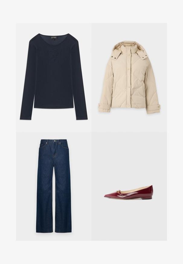 Beige gewatteerde winterjas met hoge kraag, afneembare capuchon, drukknoopsluiting aan de voorkant, lange mouwen en zijzakken.; Navyblauwe lang-sleeve crew neck shirt met subtiele geborduurde logo op de borst, gemaakt van zachte stof, vlakgelegd op een witte achtergrond.; Wijd-uitlopende blauwe denim jeans met oranje stiksel, een hoge taille en een knoopsluiting aan de voorkant. Gemaakt van een stevig denim stof.; Bordeaux patent leren ballerina's met een puntige neus, voorzien van een klein uitsnijdetail en een lage hak. Glad textuur en een slank ontwerp.