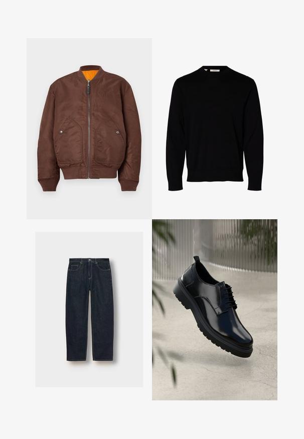 Braune Bomberjacke aus glattem Stoff, mit einem Frontreißverschluss, zwei seitlichen Taschen und gerippten Bündchen sowie Saum. Orangene Innenauskleidung sichtbar.; Schlichter schwarzer Pullover mit langen Ärmeln und Rundhalsausschnitt, mit gerippten Bündchen und Saum, auf weißem Hintergrund dargestellt.; Dunkelblaue Jeans aus Denim mit lockerer Passform, fünf Taschen und Kontrastnähten. Mit einem Knopf- und Reißverschluss ausgestattet. Glatte Textur.; Schwarzer Lederschuh mit glänzender Oberfläche, runder Spitze, Schnürdesign, kontrastierenden Nähten und einer dicken Gummisohle mit Profilmuster.
