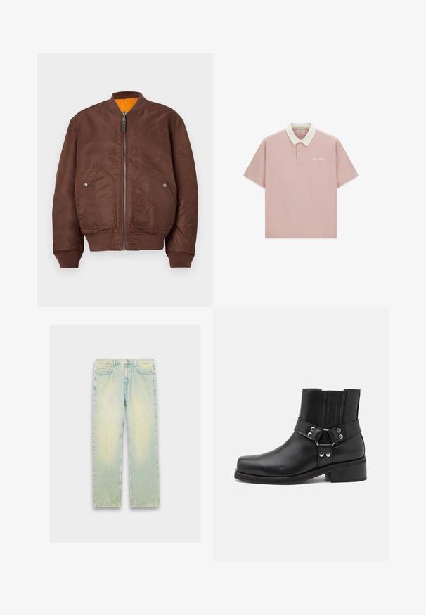 Brun bomberjakke lavet af glat stof, med en frontlynlås, to sidelommer og ribbede manchetter og kant. Orange foer synligt.; Lyserød polo med korte ærmer, hvid krave og lille hvidt "Guess Jeans"-logo på venstre bryst.; Lyseblå denimjeans med løs pasform, fem lommer, lynlås og en slidt finish langs lår og knæ.; The Kooples CHAUSSURES - Cowboy- / bikerstøvlette - black