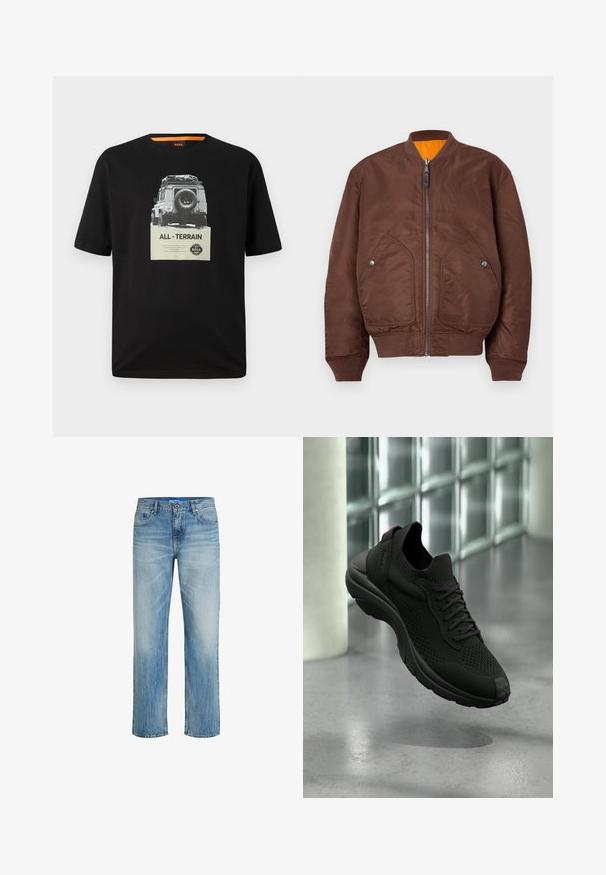 Hnedá bomber bunda vyrobená z hladkej tkaniny, s predným zipsom, dvoma bočnými vreckami a rebrovanými manžetami a spodným lemom. Viditeľná oranžová podšívka.; Čierne bavlnené tričko s okrúhlym výstrihom, s grafickou potlačou klasického vozidla a textom "ALL - TERRAIN" na hrudi.; Svetlo modré džíny z denimu s rovnými nohavicami. Obsahujú vyblednutú textúru, dizajn s piatimi vreckami a zapínanie na gombíky s pútkami na opasok.; Čierna športová teniska s pleteným zvrškom, šnurovacím dizajnom a odpruženou podrážkou vznášajúca sa nad leštenou betónovou podlahou pri oknách zo sklenených blokov.