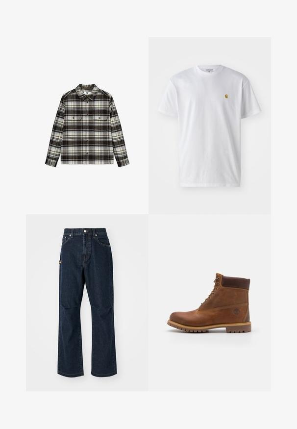 Langärmliges Hemd mit Knopfleiste in braunem, weißem und beigem Karomuster und zwei Brusttaschen mit Knöpfen.; Weißes Baumwoll-T-Shirt mit kurzen Ärmeln, Rundhalsausschnitt, mit einem kleinen goldenen Logo im linken Brustbereich. Weicher Stoff und normale Passform.; Dunkelblaue Jeans aus Denim mit geradem Bein, Vorderaschen und einer Seitentasche. Mit Steppakzenten und einem Knopf-Bund.; Braune Lederwanderschuhe mit glatter Oberfläche, gepolstertem Knöchel, Metallösen und einer Gummisohle mit robustem Profil.