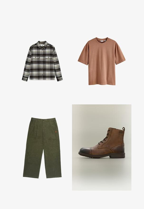 Langærmet skjorte med knapper med brunt, hvidt og beige ternet mønster og to brystlommer med knapper.; Next RELAX FIT HEAVYWEIGHT T-SHIRT. - REGULAR FIT - T-shirts basic - stone; Olivengrønne corduroypants med en afslappet pasform, der har en knaplukning, frontfolder og et lille broderet logo i rødt.; Brun læderstøvle med snørebånd, sort tåhætte, rund sål og mærket detalje på siden mod ensfarvet baggrund.