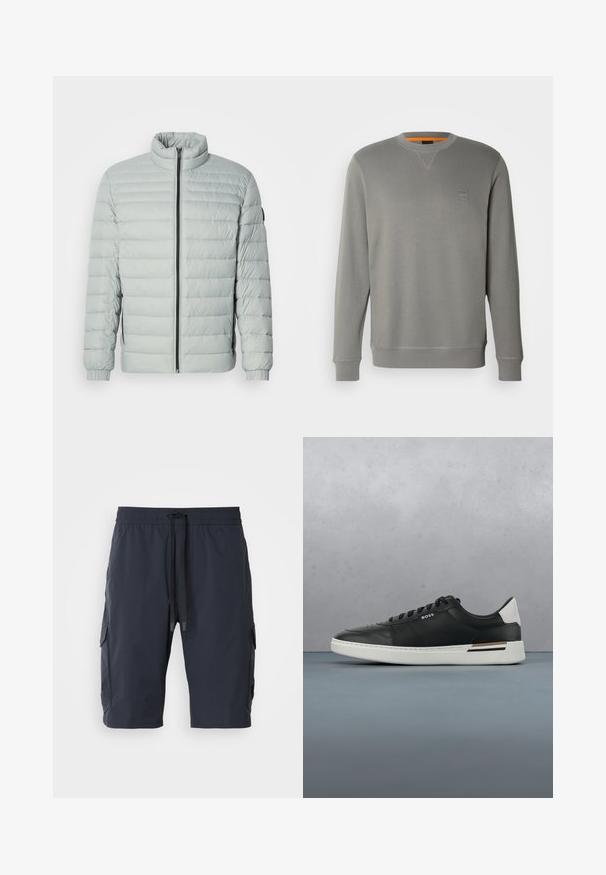Lichtgrijze, gewatteerde jas met een hoge kraag, volledige rits, ribgebreide manchetten en zijzakken. Gave textuur, gestikt ontwerp en minimale hardware.; BOSS WESTART - Sweater - open grey sixteen; Marine cargoshorts met een elastische tailleband, een trekkoord aan de voorkant, zijzakken en een gladde textuur. Duurzaam materiaal, geschikt voor casual dragen.; Zwarte leren sneaker met witte zool, voorzien van perforaties, vetersluiting, logo aan de zijkant en contrasterend hieldetail in wit en bruin.