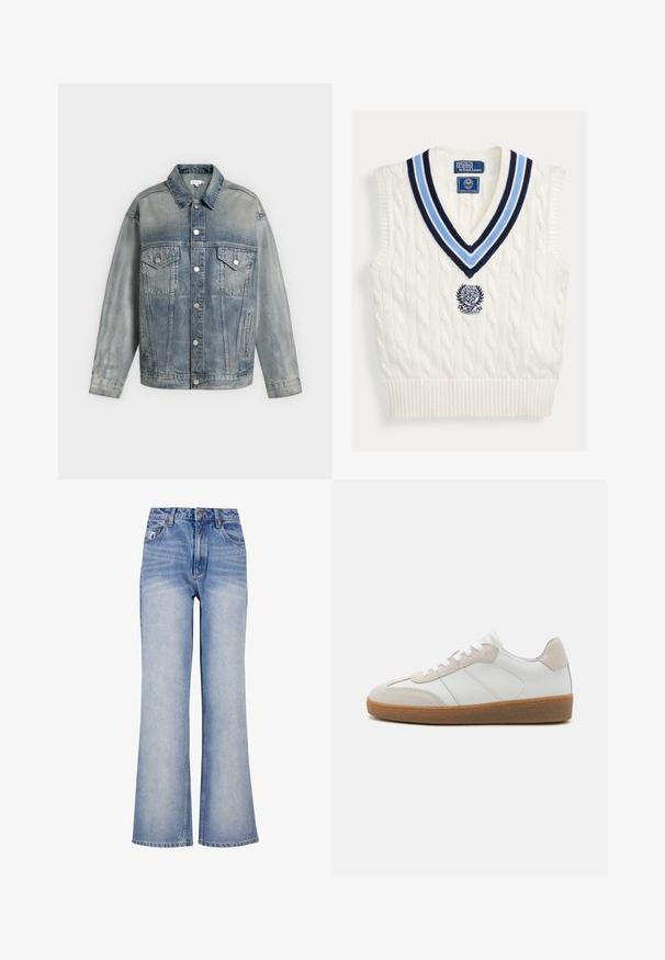 Chaqueta vaquera azul desgastada con cierre de botones, dos bolsillos en el pecho con solapa y botones, bolsillos laterales y mangas largas.; Chaleco sin mangas blanco de punto con cuello en V a rayas azules y logotipo de Polo Ralph Lauren Wimbledon en el pecho.; Jeans de mezclilla de un azul claro, de pierna ancha, con cintura alta, cierre de botón, un ligero desvanecimiento y un diseño clásico de cinco bolsillos.; Deportivas de cuero blanco con acentos de ante beige, lengua texturizada y suela de goma. Presenta cordones blancos y detalles sutiles de costura.